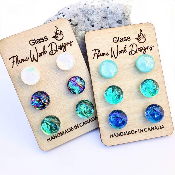 Glass Earring Set, 3 Pairs of Studs - 9mm for wholesale by Flame Work Designs - Glass Jewelry