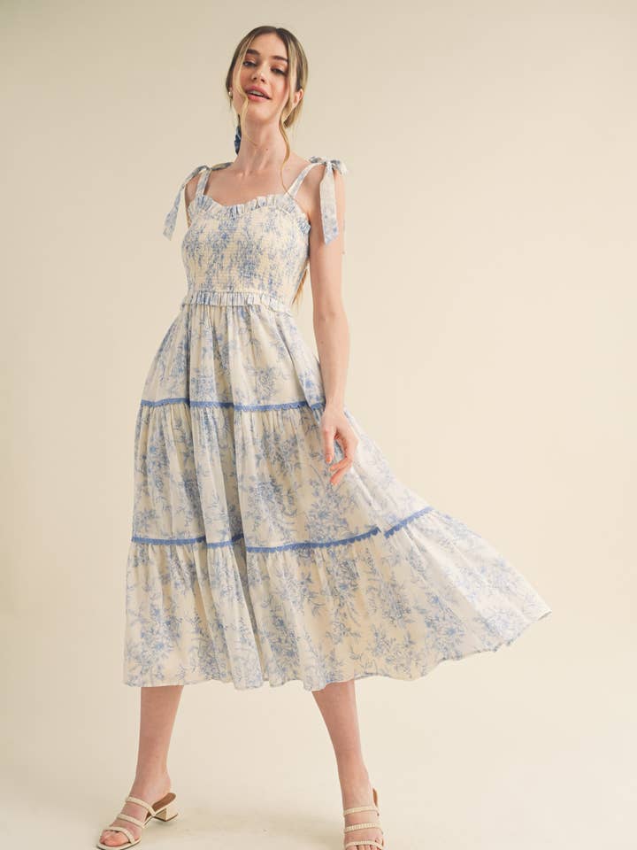 EXCLUSIVE PRINT TIERED LACE TRIM FLORAL MIDI DRESS MDR3048 for wholesale by &MERCI