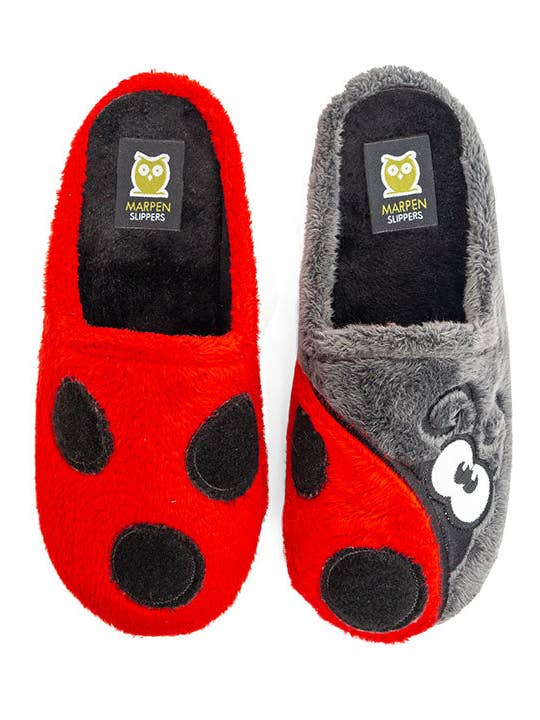 Pantoufles coccinelles grises et rouges pour la vente par Marpen Slippers