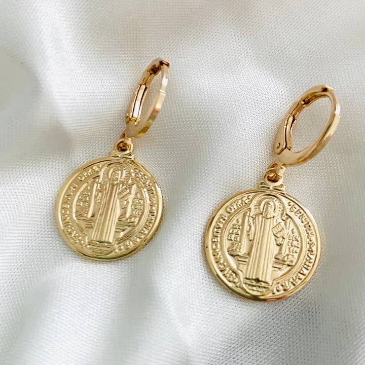 San Benito Earrings, St Benedict Coin Earrings, 18k Gold Fil for wholesale by Housegoldjewelry