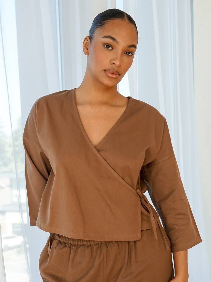 Organic Cotton Wrap Top Toffee for wholesale by Wildflo Studio