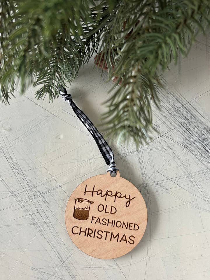 Happy Old Fashioned Christmas maple ornament for wholesale by Novotny Designs