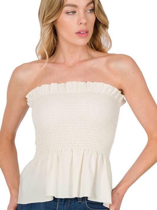 Baie Bleue - Wholesale Blouse - Women's - T1034ZN - WOVEN SMOCEKD RUFFLE HEM TUBE TOP5