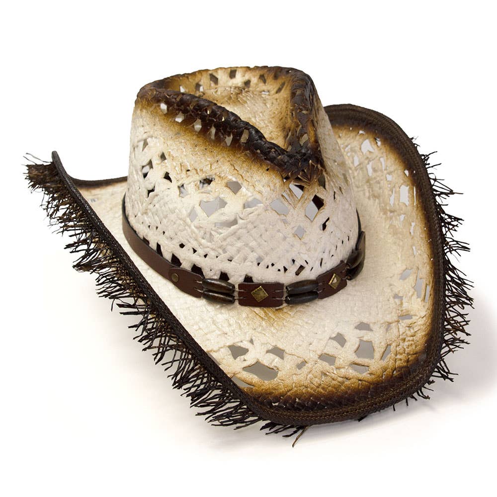 Western Express - Vendita all'ingrosso Cappello da cowboy - Donna - Cappello bianco stile western in paglia con parte frontale pizzicata e bordo sfrangiato color beige.1