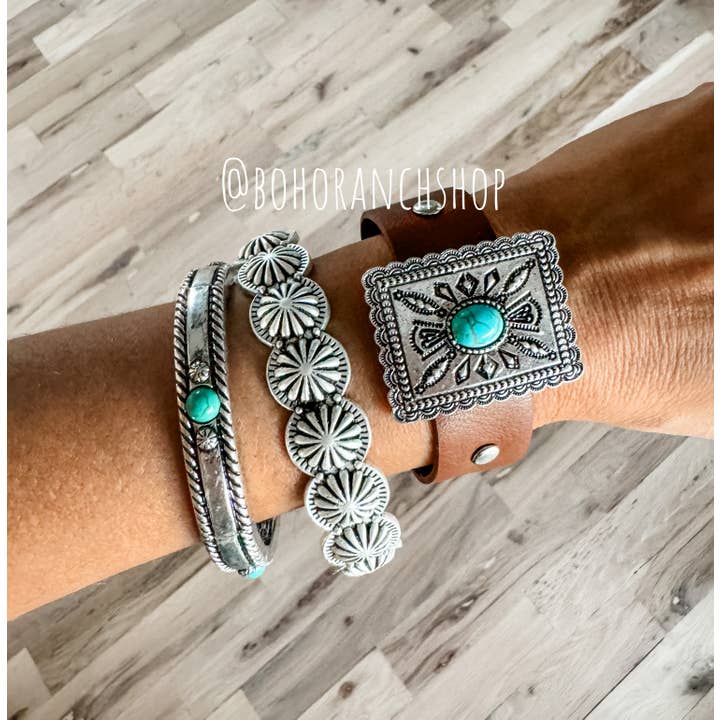 Boho Ranch Shop - Wholesale Cuff Bracelet - Western Leather Snap Cuff Bracelets - stamping concho cactus