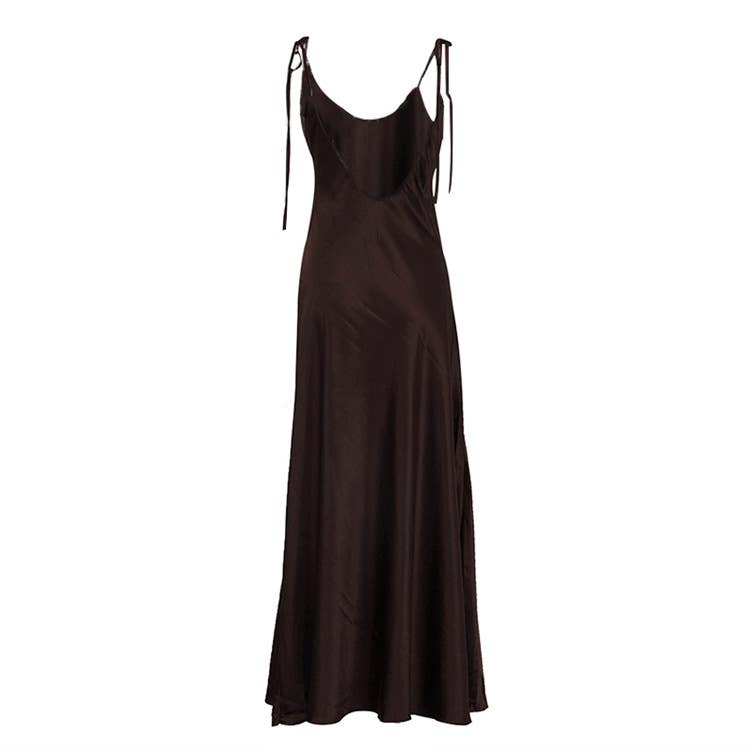 Brown open back sexy slip maxi dress with bow tie straps for wholesale on Faire3