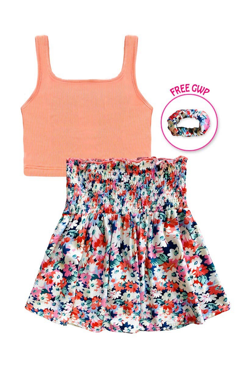 Light Coral GKSS-3046B-UMI11 Girl's 2 pc Skirt Set w/ Scrunchie for wholesale on Faire1