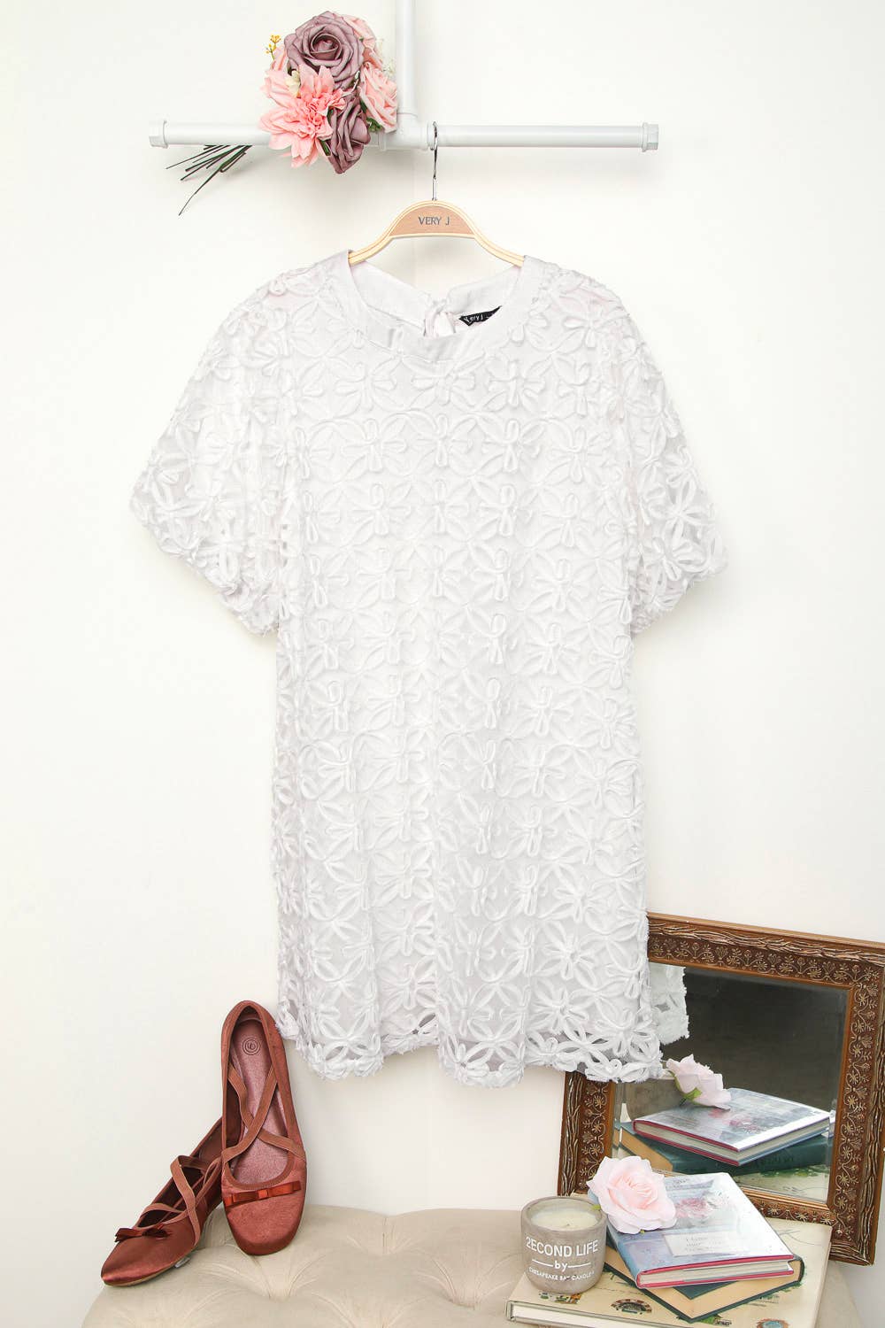 VERY J - Vente Robe – femme - VD33908-3D Mini-robe à manches bouffantes en organza à texture florale9