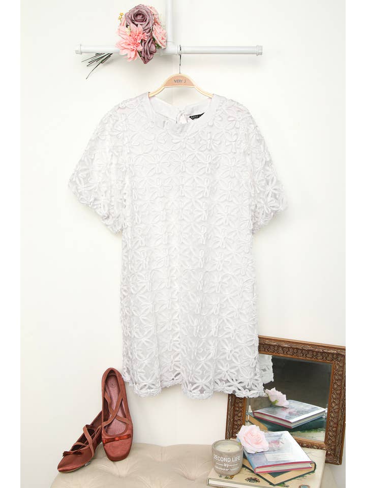 VERY J - Vente Robe – femme - VD33908-3D Mini-robe à manches bouffantes en organza à texture florale9