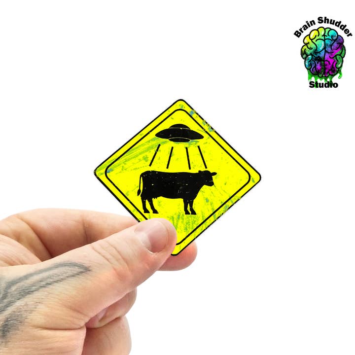 Brain Shudder Studio - Wholesale Sticker - Alien Cow Abduction Road Sign Sticker