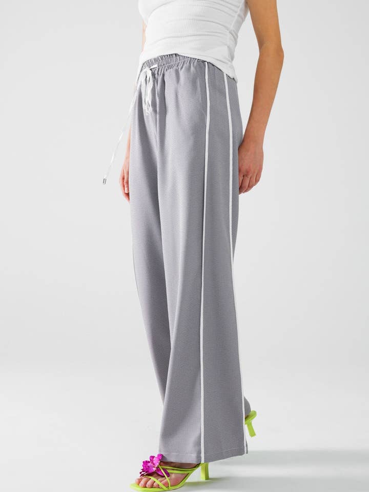Grey Palazzo Black and White Gingham Pants With Drawstring for wholesale on Faire