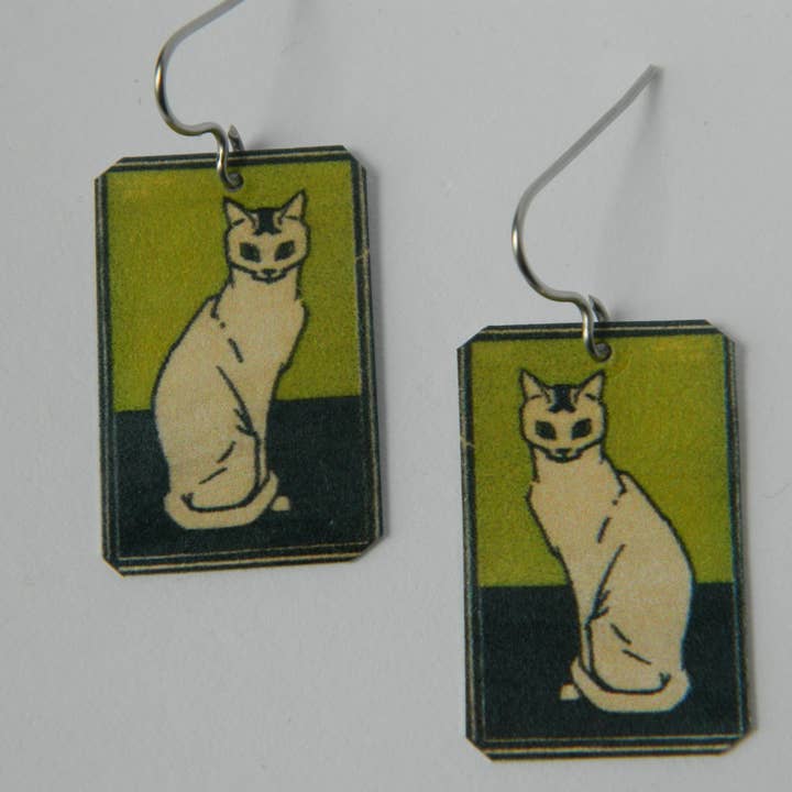 Cat Earrings Art Jewelry Cat on green Julie de Graag for wholesale by Sarah Wood Studio