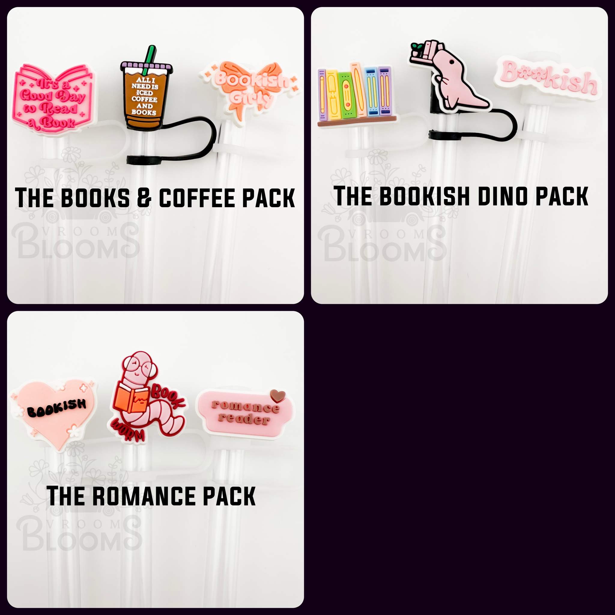 Vroom Blooms - Wholesale Drinking Straw - Straw Topper 3 pack - Bookish Theme / Stocking Stuffers1