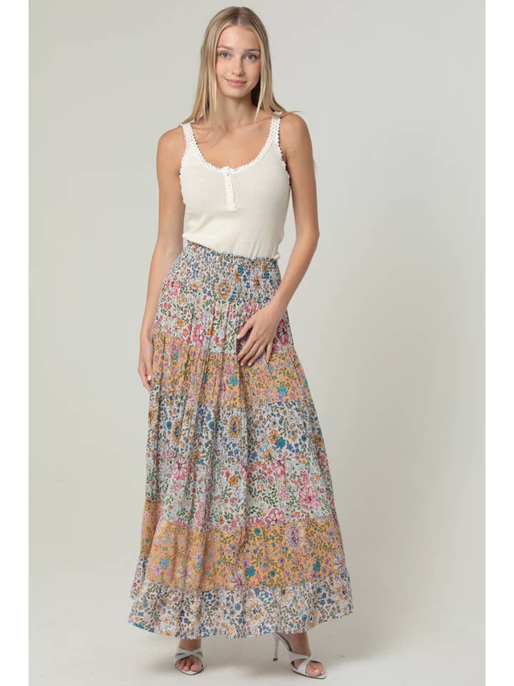 ANGIE - Wholesale Skirt - Women's - 26P57-WA34 MIXED PRINT TIERED MAXI SKIRT