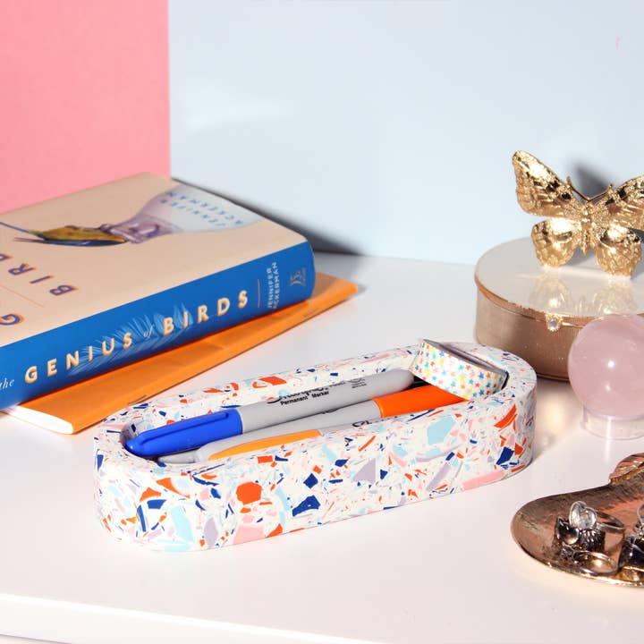Pink, Lilac, Orange and Cobalt Terrazzo Stationery Tray for wholesale by Hey Kiddo Co.