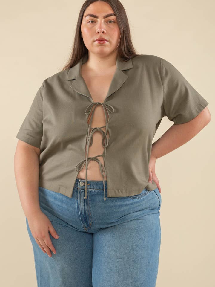 Nico Linen Short Sleeve Tie Blouse - Plus Size for wholesale by NLT