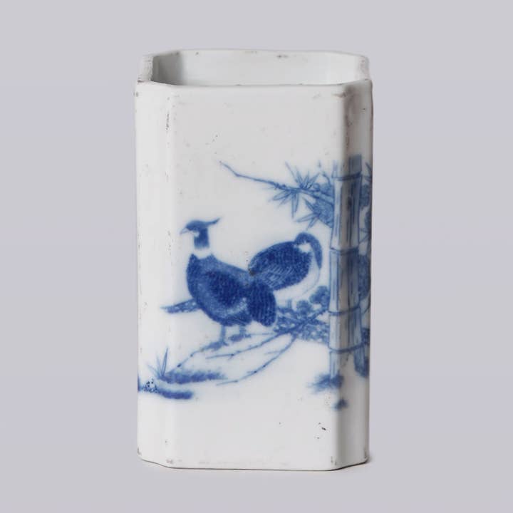 1920s Blue and White Porcelain Pheasant Square Vase for wholesale by Cobalt Guild