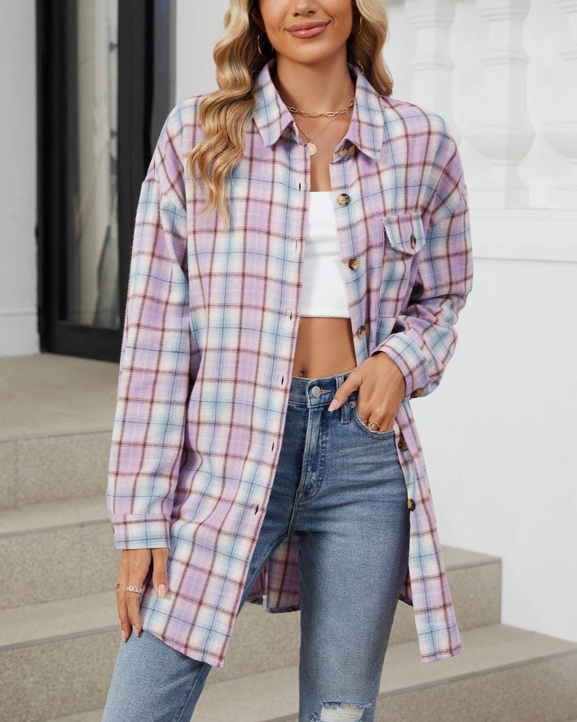 HIDDENBRAND - Wholesale Shirt - Women's - Oversized Boyfriend Brushed Plaid Shirt2