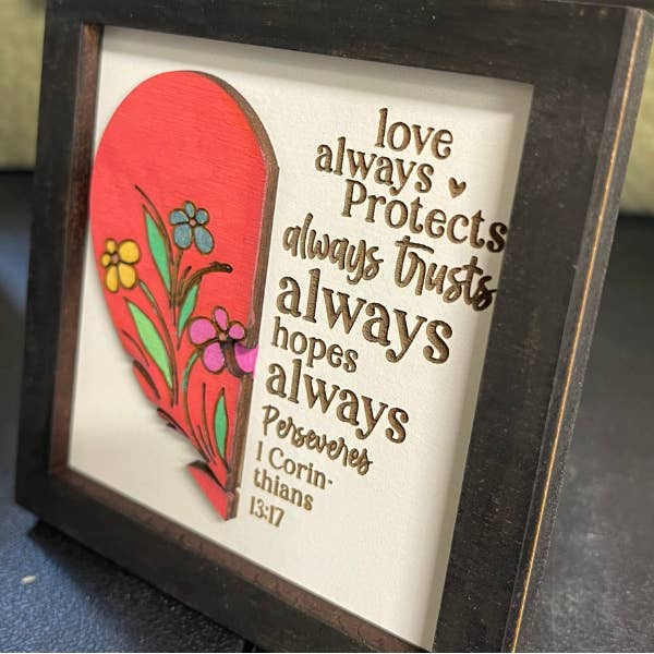 Bible Verse Art - Love always protects - 1 Corinthians 13:17 for wholesale by Plums & Roses