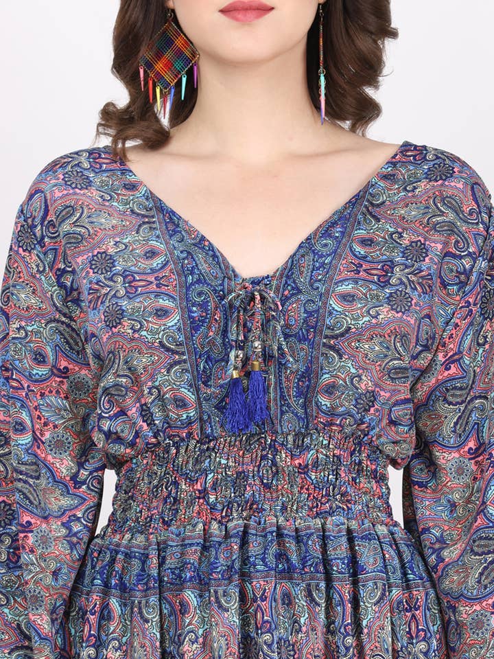 Wevez - Wholesale Dress - Women's - Women Bell Sleeve V-Neck Casual Boho Floral Print Maxi Dress3