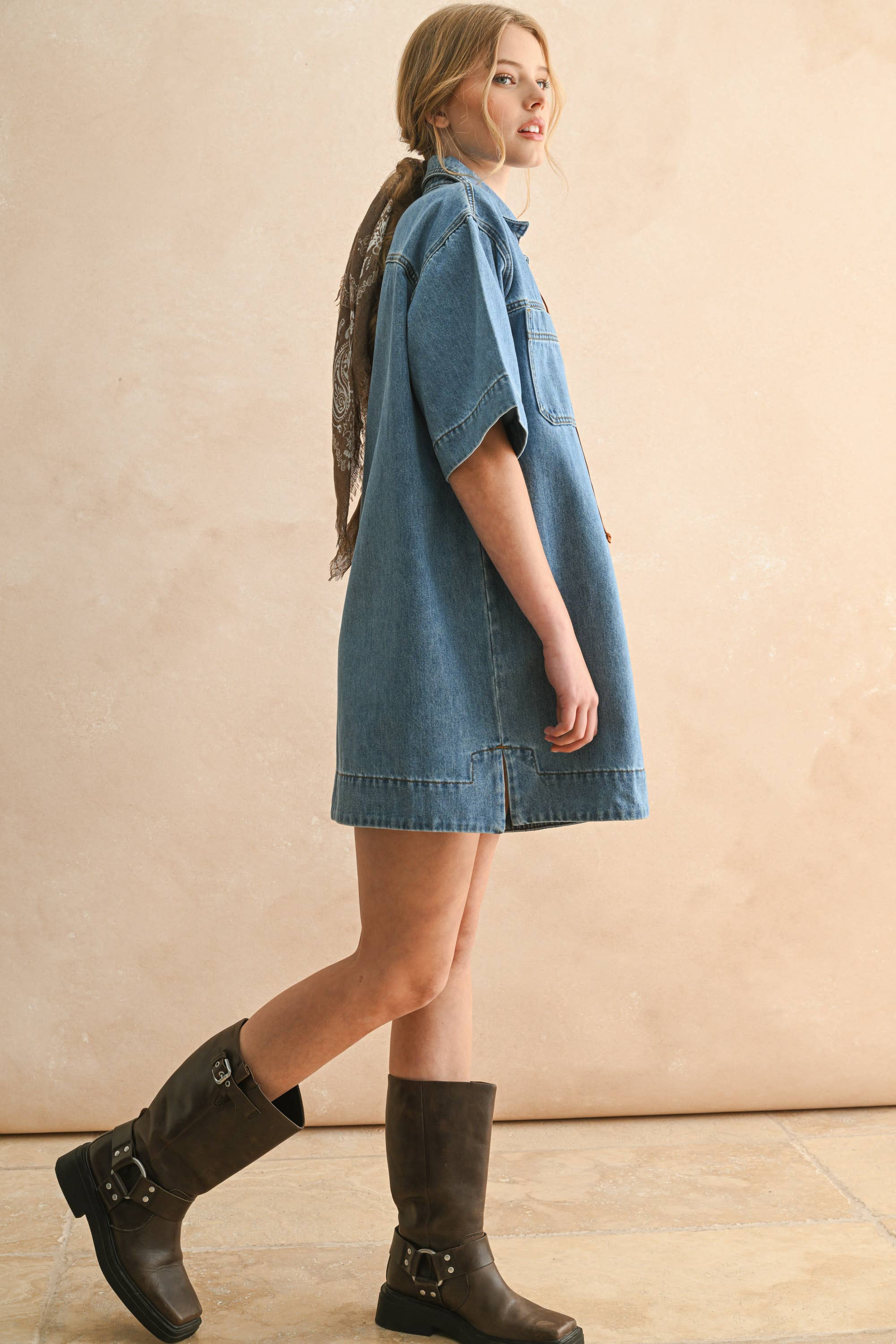 D5888   SUEDE LACE UP DENIM SHIRT DRESS for wholesale on Faire1
