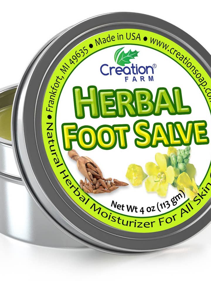 Bedste Fodpleje Urtesalve 4 oz Dåse Botanisk Fodbalsam Beroliger Trætte Fødder Med Pebermynte Eukalyptus Lavendel Te Træ for engroshandel hos Creation Farm Inc