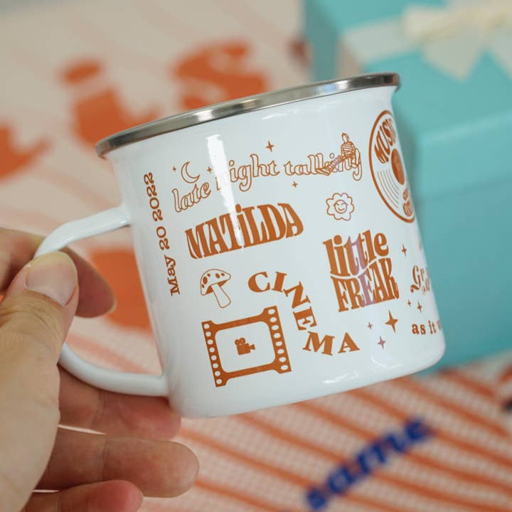 Metal Camp Mug with HS Songs Playlist Fun and Vintage Design for wholesale by To Be So Styles