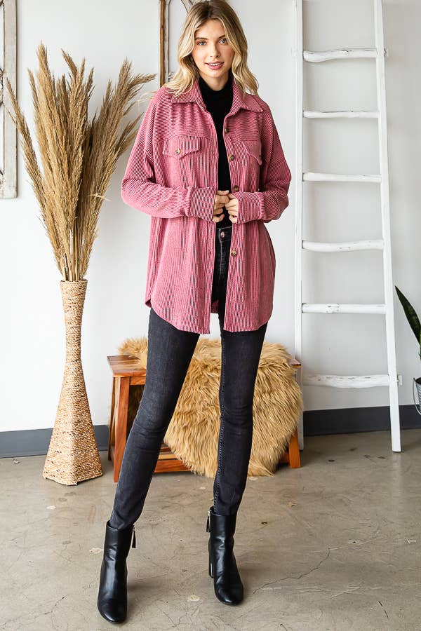 7th Ray - Wholesale Button Down Shirt - Women's - Rib Drop Shoulder Patch Pockets Button Down Shacket T480625