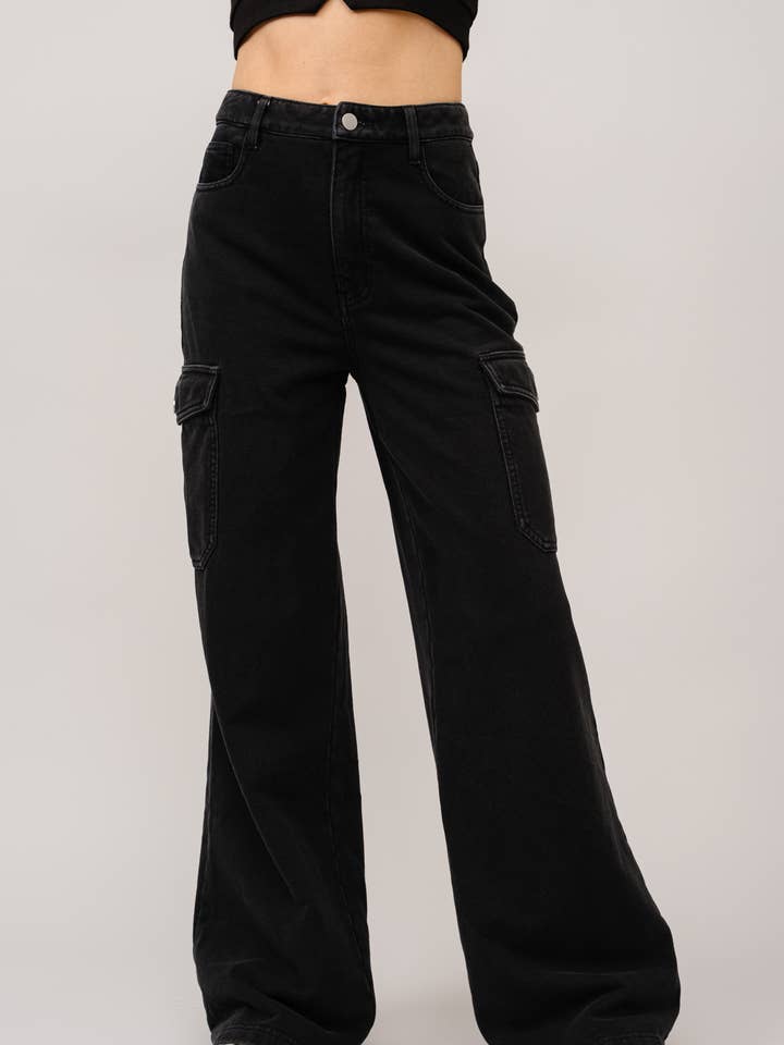 BLACK 23183P - High rise wide leg denim sweat pants for wholesale on Faire
