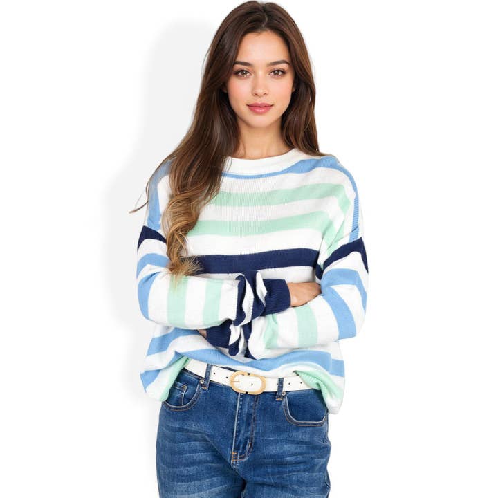 Blue Striped Knit Sweater with Long Sleeves and Relaxed Fit for wholesale on Faire