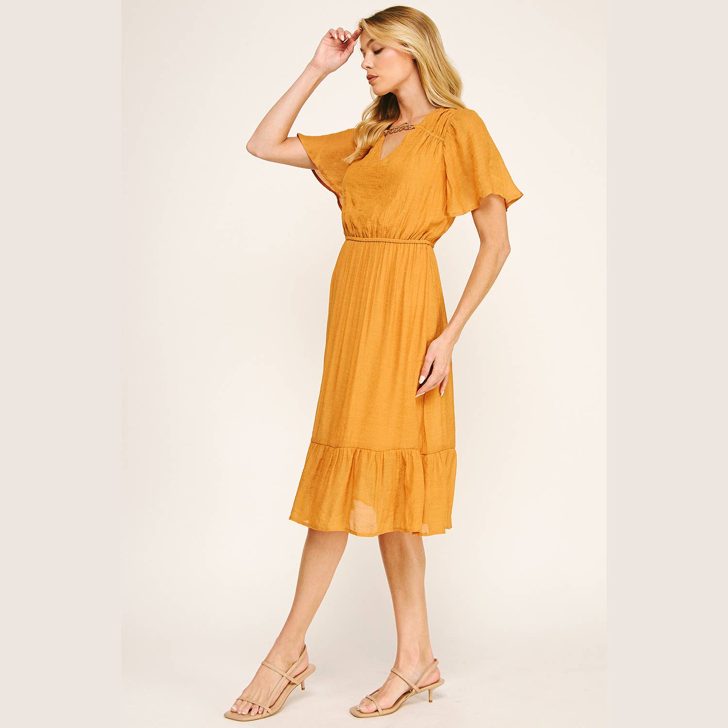 Winslow Collection - Wholesale Dress - Women's - FLUTTER SLEEVE NECKLACE DETAIL PRINTED MIDI DRESS16