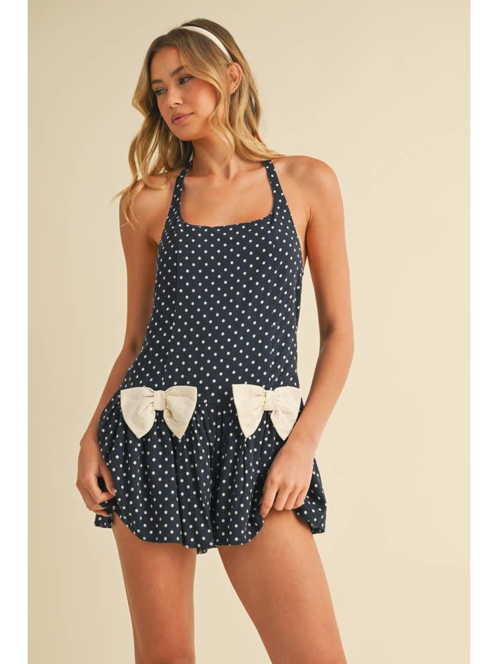 Klesis - Wholesale Romper - Women's - IR2204 POLKA DOT HALTER ROMPER WITH FRONT BOW DETAILS