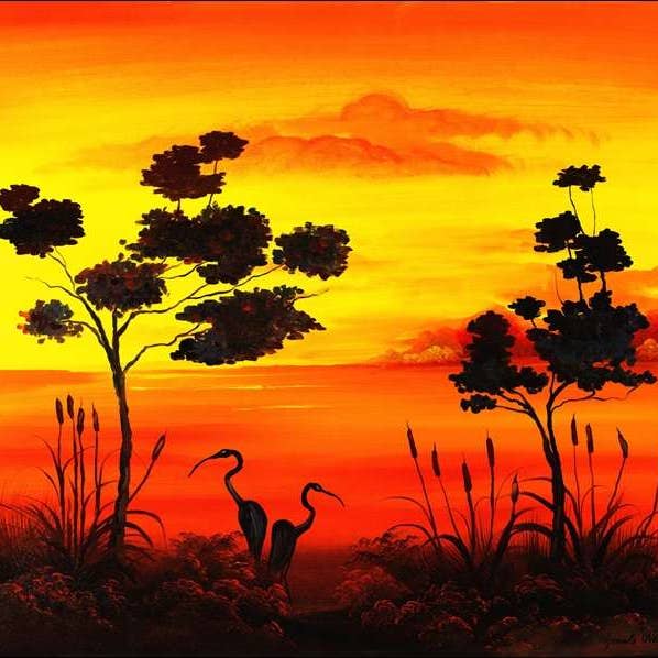 Mont Gianola - Coucher de soleil en Afrique avec des flamants roses pour la vente par Migneco & Smith