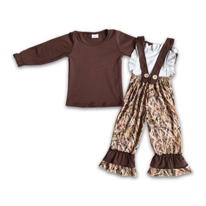 Yawoo Garments - Wholesale Top & Pant Set - Kids - Brown cotton shirt camo overalls girls boutique clothing2