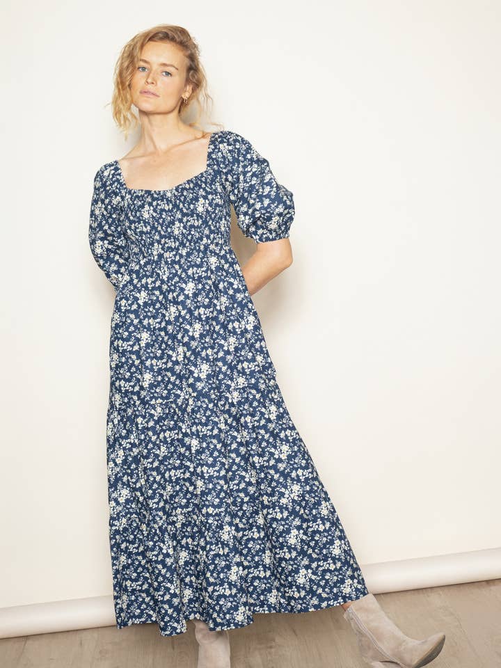Sweetheart Neck Smocked Chest Wide Flare Floral Maxi Dress for wholesale by Elloh Collection
