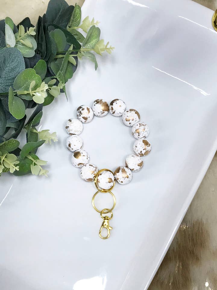 Hand Painted White & Gold Wood Keychain – K373 for wholesale by Magnolia & Peach Jewelry Boutique, LLC