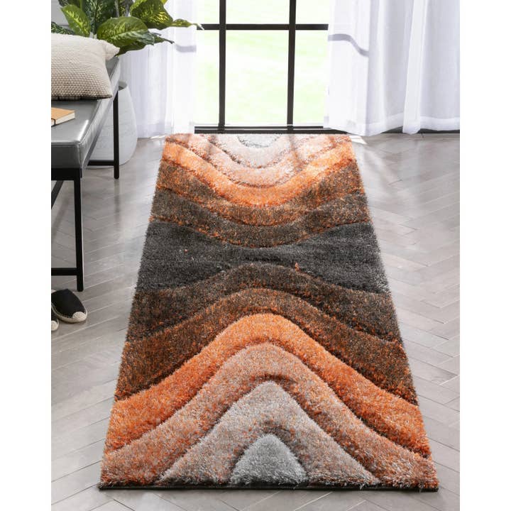 Well Woven - Wholesale Area rug - Luz Modern Geometric Grey Orange 3D Textured Thick & Soft Shag Rug10
