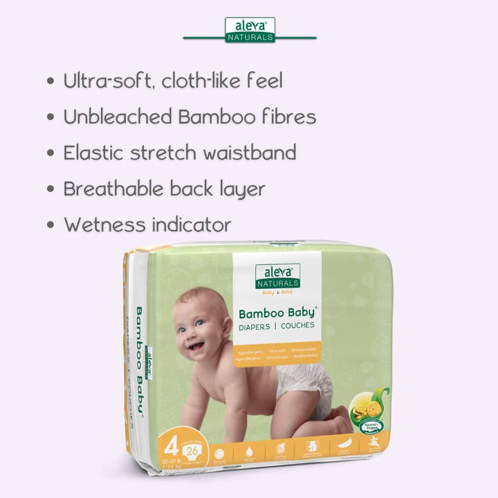Aleva Naturals - Wholesale Diaper (Non-Cloth) - Baby - Bamboo Baby Diapers - Size 4 (20-30lbs/9-13kg) — 26ct