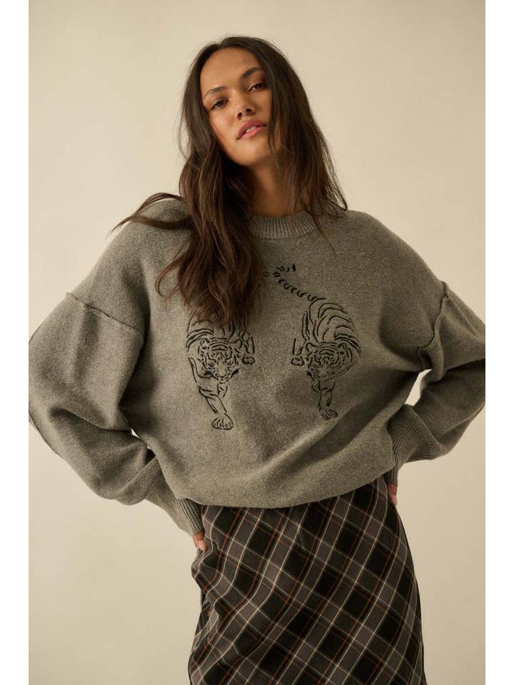 Promesa USA - Wholesale Knit Sweater - Women's - Embroidered Tigers Solid Knit Exposed-Seam Sweater1