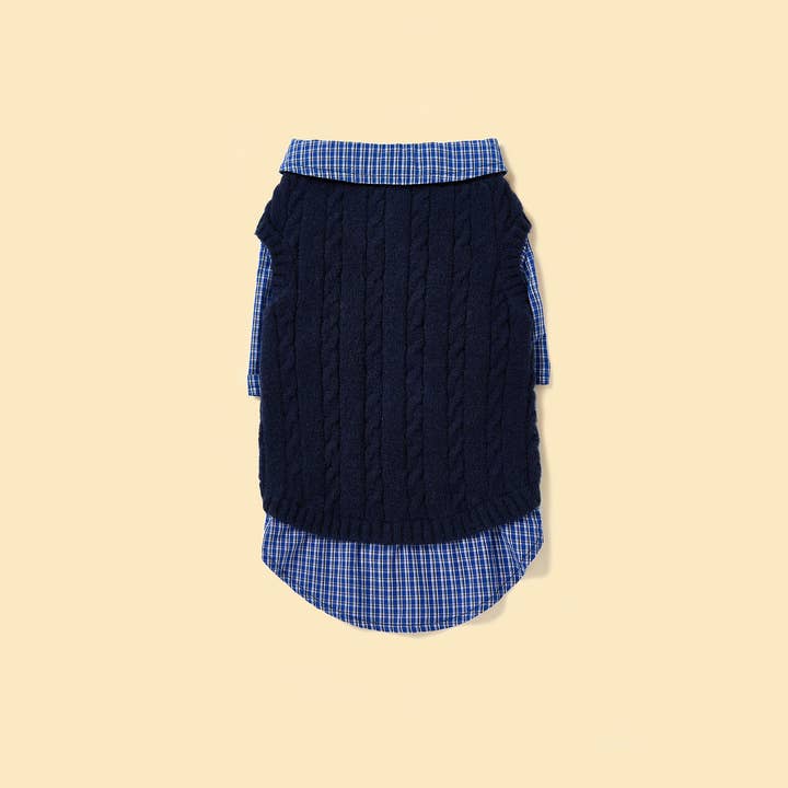 BarkBarkBaby - Wholesale Pet Sweater - Dog - Pre-Order 2 Weeks: SoHo Street Style Navy Checked Sweater Shirt0