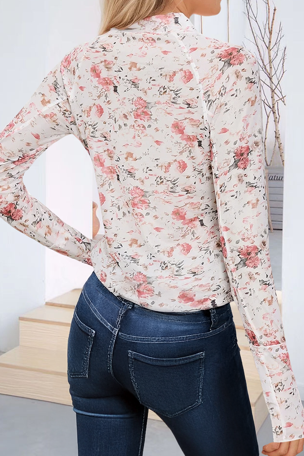 66DISCO - Wholesale Shirt - Women's - Floral Long Sleeve High Mock Neck Sheath Mesh Blouse (S-XL)3