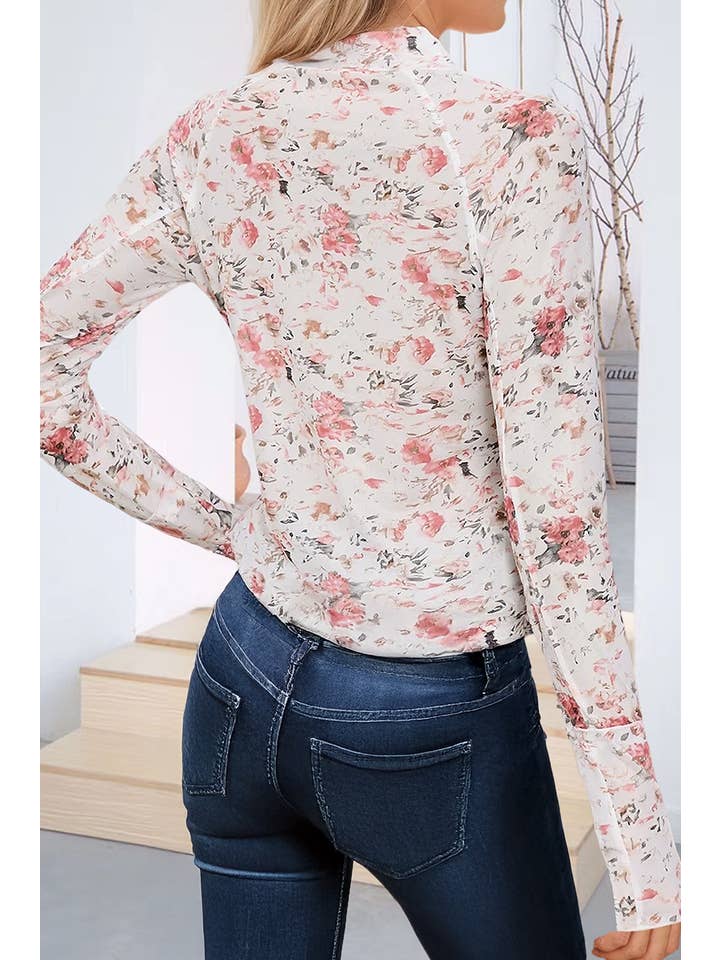 66DISCO - Wholesale Shirt - Women's - Floral Long Sleeve High Mock Neck Sheath Mesh Blouse (S-XL)3