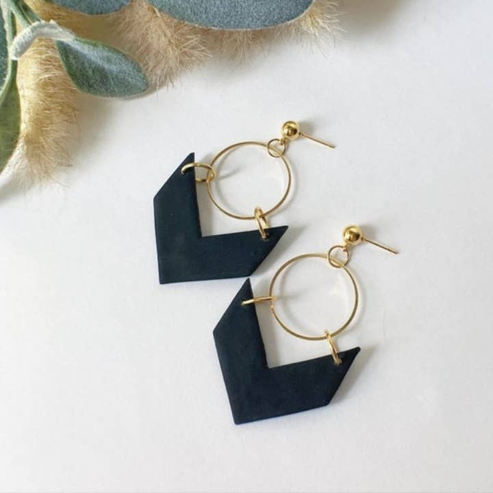 Black and Gold Geometric Clay Earrings for wholesale by My Cotton Blossom Belle