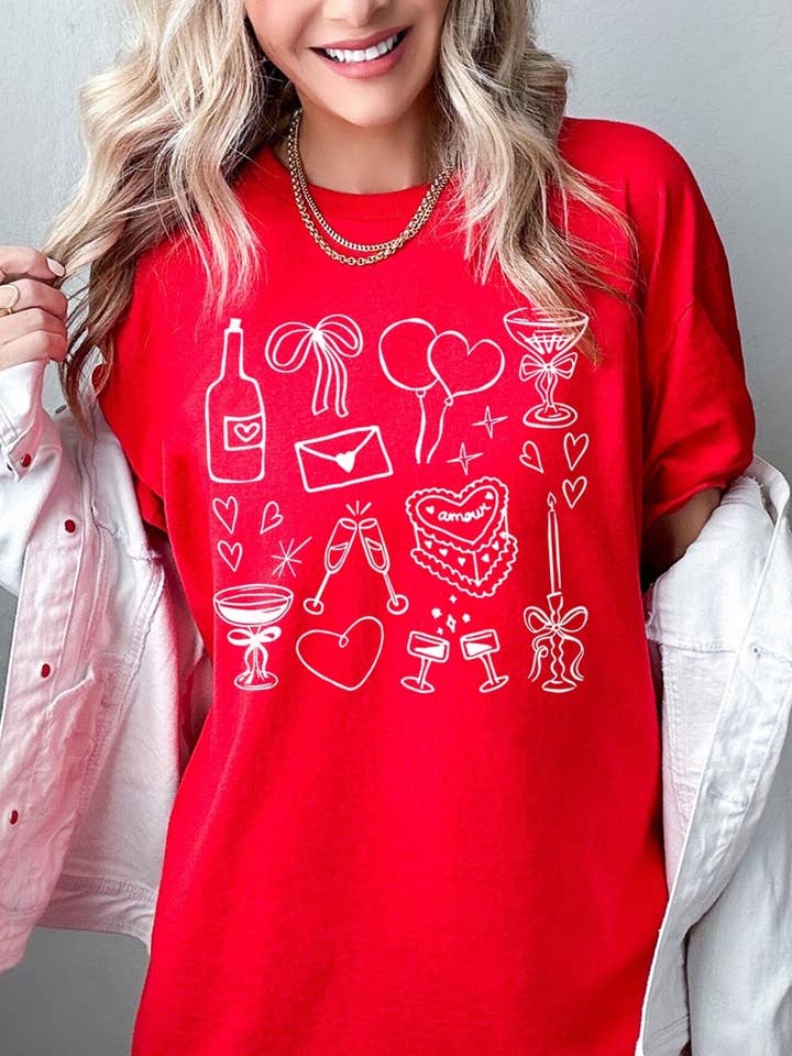 Valentinstag Kritzeleien Grafik Schweres Baumwoll-T-Shirt für den Großhandel von COLORBEAR