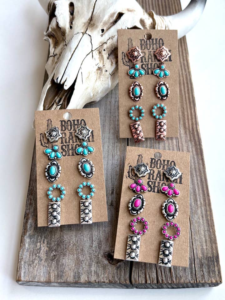 5 Pair Western Theme Stone Stud Earring Set for wholesale by Boho Ranch Shop