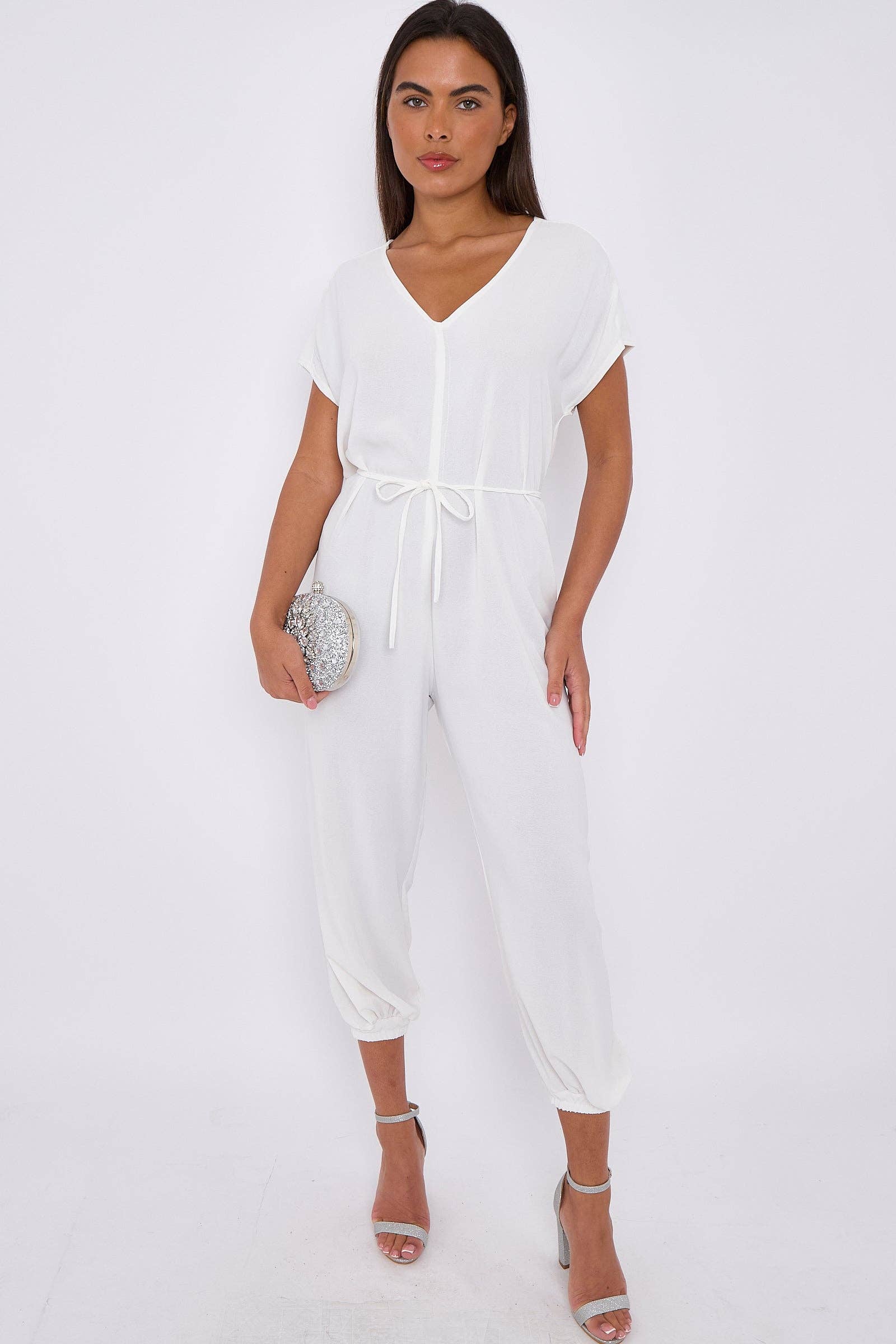 Aftershock London – wholesale Jumpsuit – Women's – White V-Neck Belted Jumpsuit4