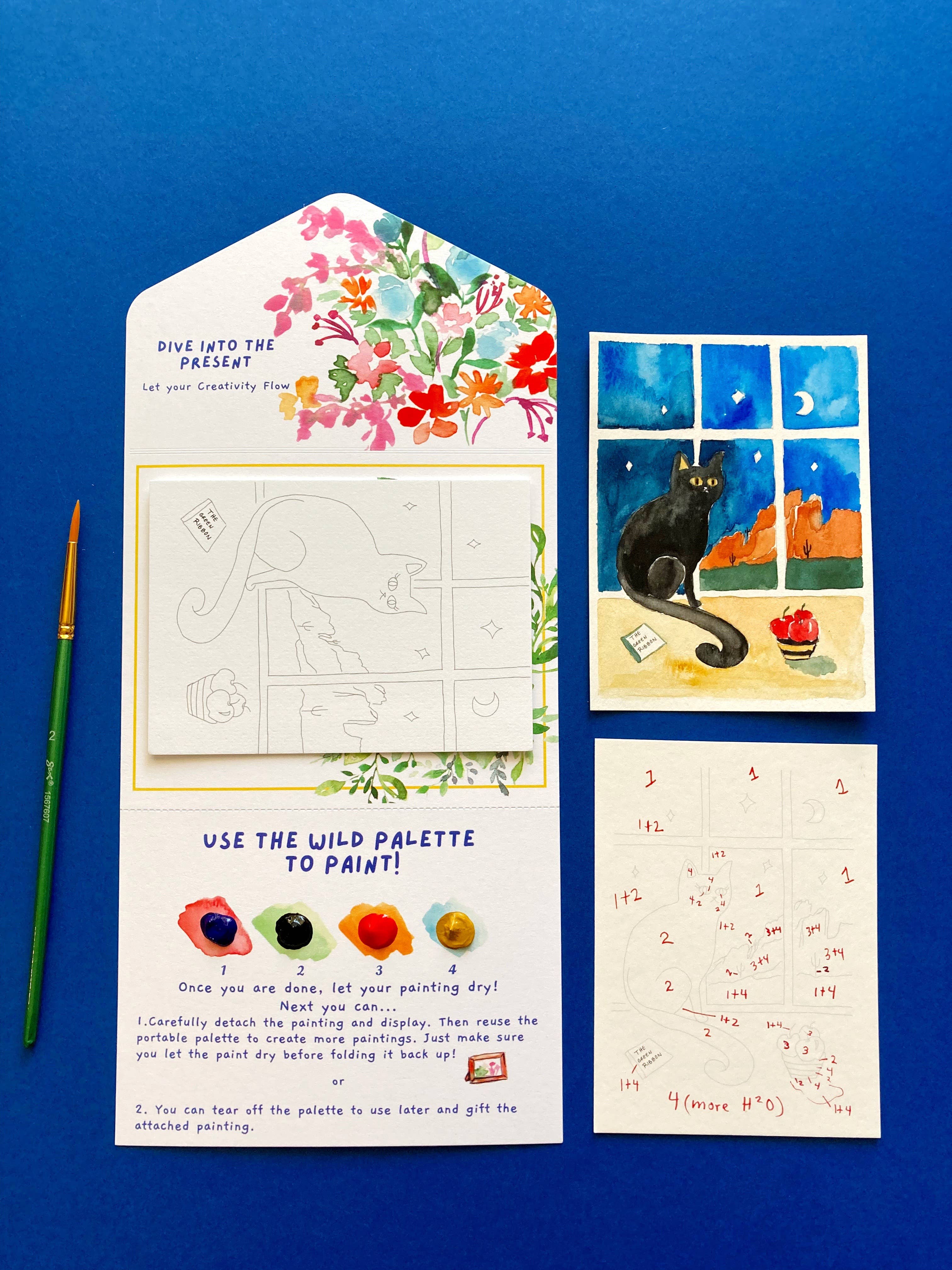 Pink Puddle Studio - Wholesale DIY Craft Kit - Black Cat Night Winter Watercolor Paint by Number DIY Kit 2