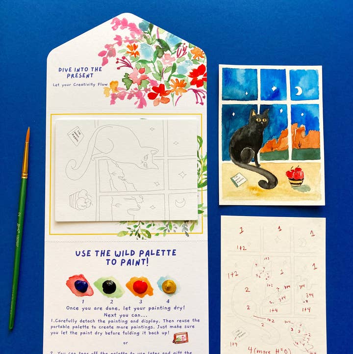 Pink Puddle Studio - Wholesale DIY Craft Kit - Black Cat Night Winter Watercolor Paint by Number DIY Kit 2