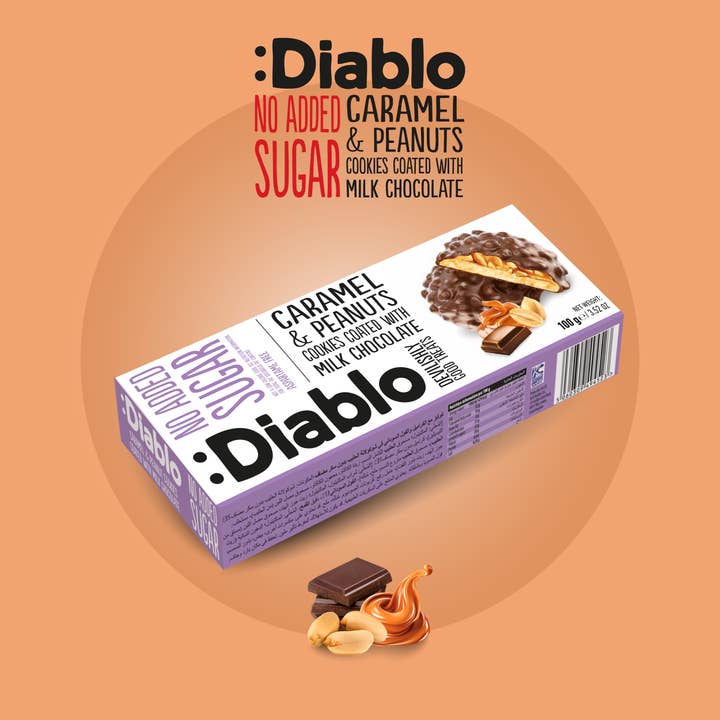 Diablo Sugar Free – Cookie por atacado – Bolachas de Caramelo & Amendoim Diablo cobertas com Chocolate de Leite 100g1