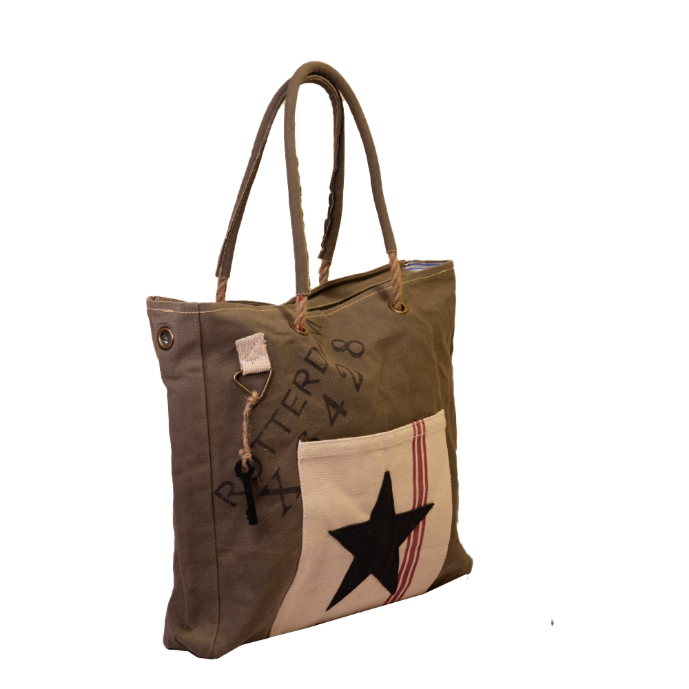 Dorset Bay - Wholesale Tote Bag - Women's - Khaki Black Star Canvas Shopper (590)1